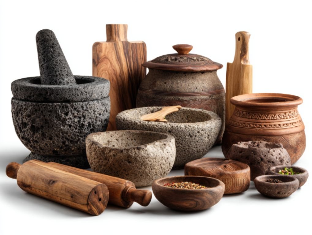 Traditional Mexican kitchenware including molcajetes, tortilla presses, and clay pots